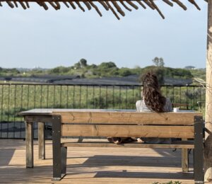 עגלת קפה עגלאטה חרוצים תמונה של בחורה יושבת עם הפנים לנוף